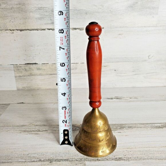 Vintage Etched Brass Hand Bell Wood Handle India - School, Teacher, Call Service - Picture 3 of 12